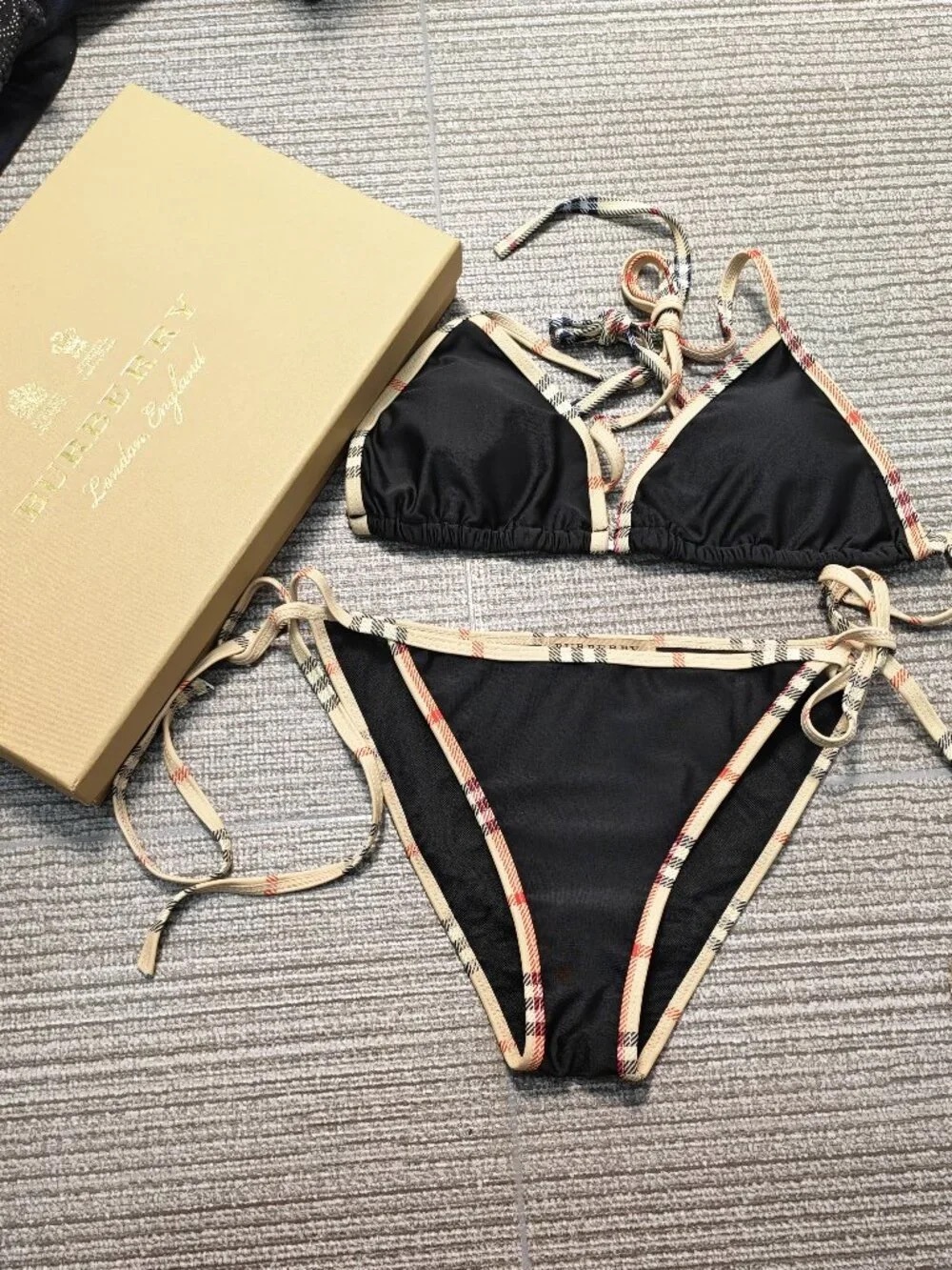 Burberry Trim Triangle Tie Black Check Bikini Set